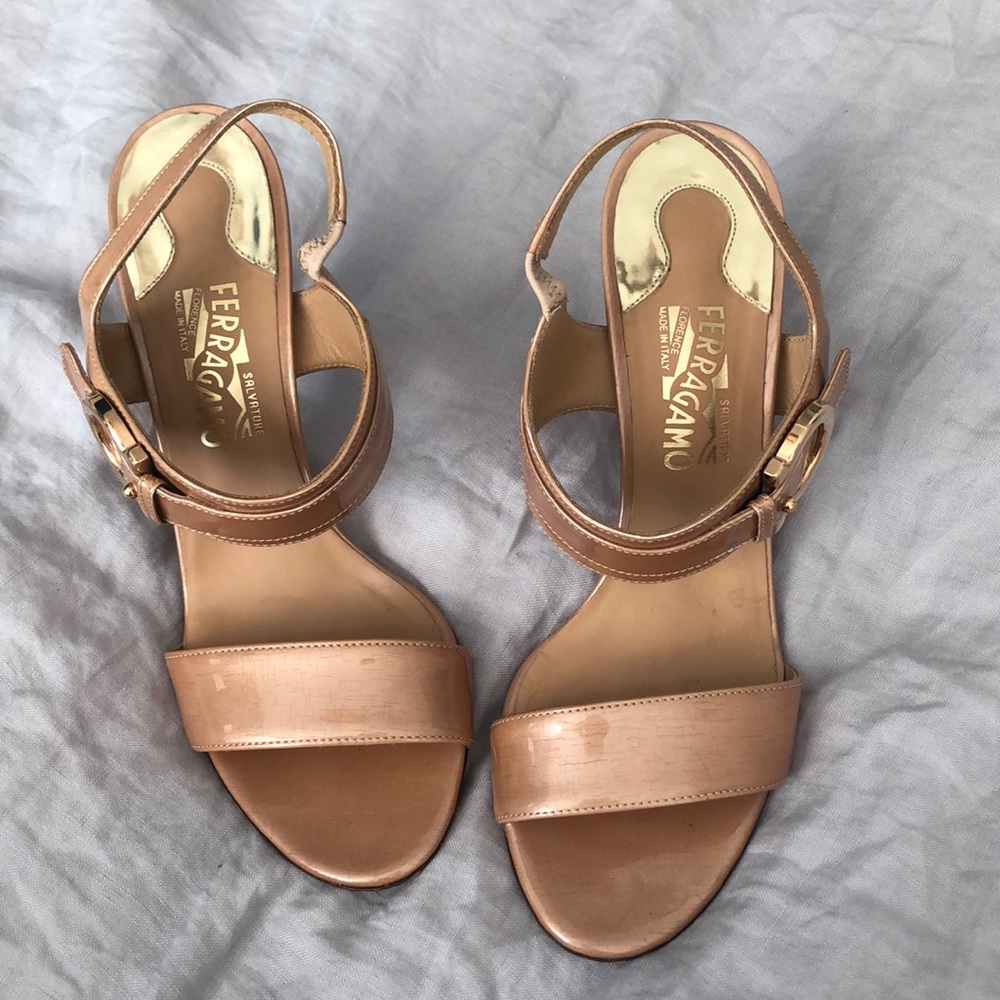 Salvatore Ferragamo nude heels with gold detail, size 9.5